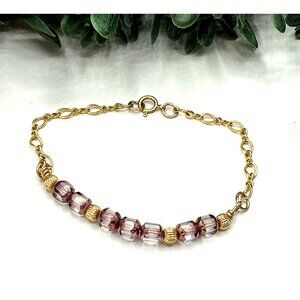 Gold-Tone Bracelet With Purple and Clear Glass Beads Gold Tone Chain 14ktGF